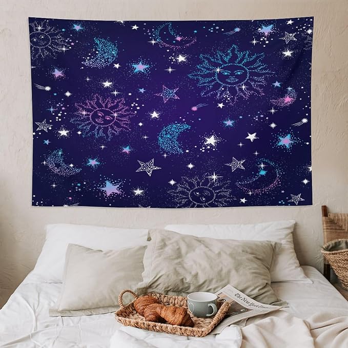 HZOHNAGO Boho Sun Moon Tapestry Purple Blue Sun Stars Galaxy Pattern Printed Wall Tapestry Wall Hanging for Bedroom Living Room Dorm 90" W x 60" H-Ruum Studio Home