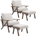 Wahson Set of 2 Mid Century Arm Chairs and Ottomans, Upholstered Accent Armchair with Wood Frame and Linen Cushions, Leisure Slipper Chair for Living Room/Bedroom, Cream-Ruum Studio Home