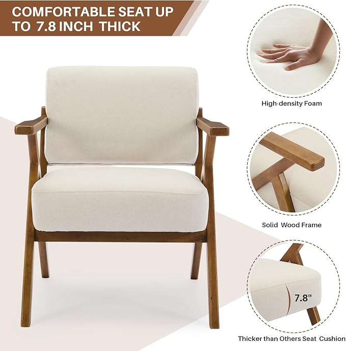 Mid-Century Modern Chair Upholstered Lounge Arm Chair with Solid Wood Frame Thicker Cushion for Living Room, Reading, Balcony, Beige Linen-Ruum Studio Home