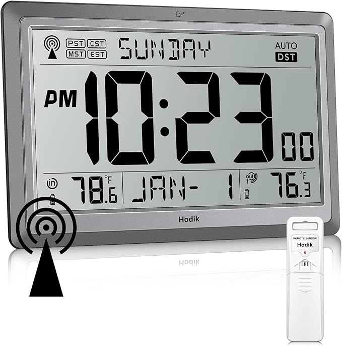 Wall Clock Atomic with Indoor Outdoor Temperature Battery Powered, Easy Reading with 10.5 Inch Large LCD Display, 330FT Range Table Wall Clock With DST, 12/24 Hour for Living Room Kitchen (Silver)-Ruum Studio Home