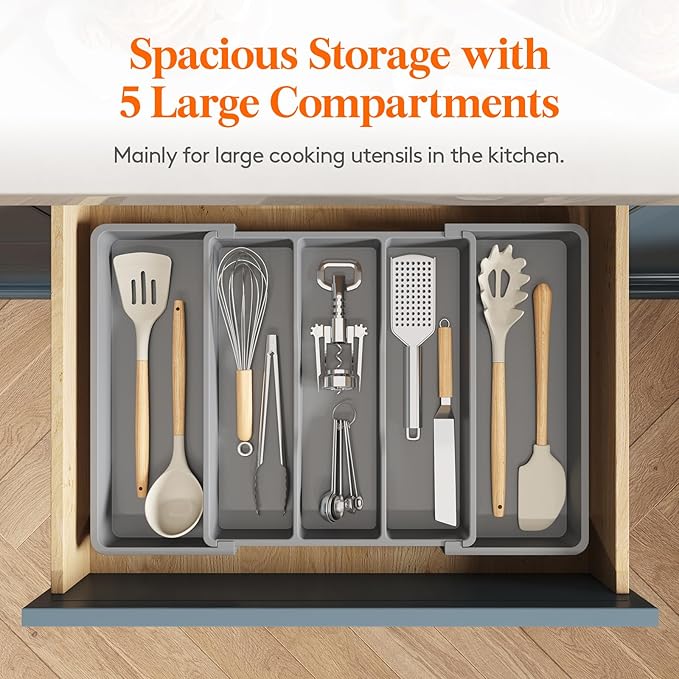 Lifewit Utensil Organizer for Kitchen Drawers, Expandable Cooking Utensil Tray, Adjustable Cutlery Silverware Flatware Holder, Plastic Kitchen Spatula Tools and Gadgets Storage Divider, Large, Gray-Ruum Studio Home