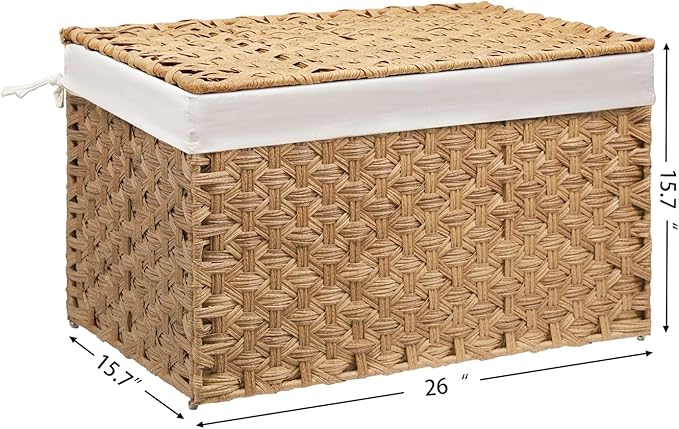 Wicker Storage Basket with Lid, 27.7 Gallon (105L) Large Blanket Basket with Lid, Woven Storage Bin with Handles, Removable Liner, Metal Frame, Foldable, for Bedroom, Laundry Room, Natural-Ruum Studio Home