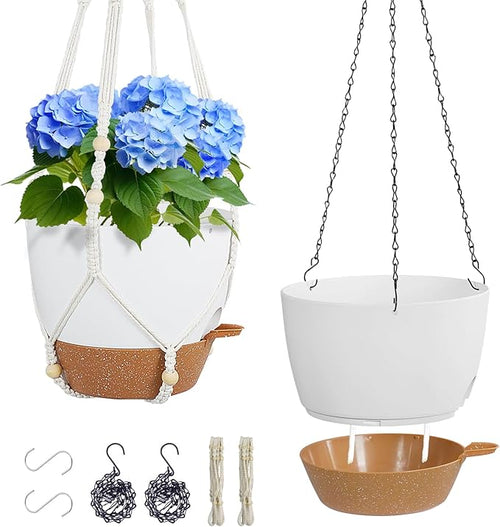10 inch Self Watering Hanging Planters, 2 Pack Hanging Baskets for Indoor Outdoor Plants, Hanging Flower Pots with Drainage Holes & 2 Kinds of Plant Hangers for Garden Home Décor, White Brown-Ruum Studio Home