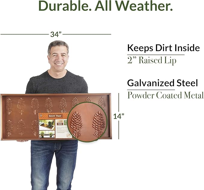 Good Directions Large Boot Tray, Pine Cones Multi-Purpose All Weather Decorative Boot Tray, Shoes, Plants, Garage, Patio Door, Pet Bowls, 35 inch Entry Indoor Shoe Tray, Copper Finish-Ruum Studio Home