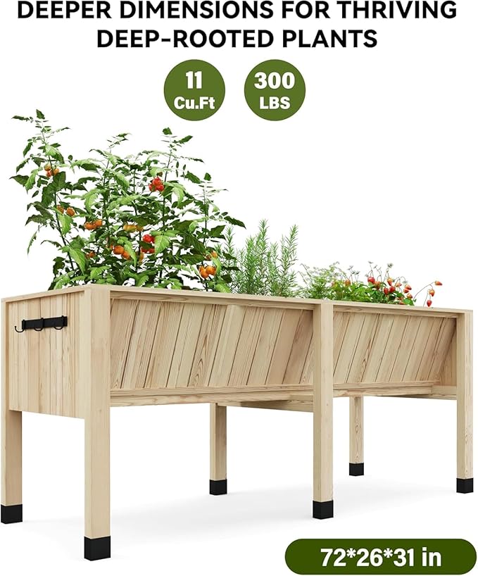 72x26x31 Inch Raised Garden Bed with Legs, 13.7In Depth Wooden Planter Box for Outdoor Growing Vegetables and Herbs, Elevated Garden Bed with Hooks for Backyard, Patio, Balcony-Ruum Studio Home