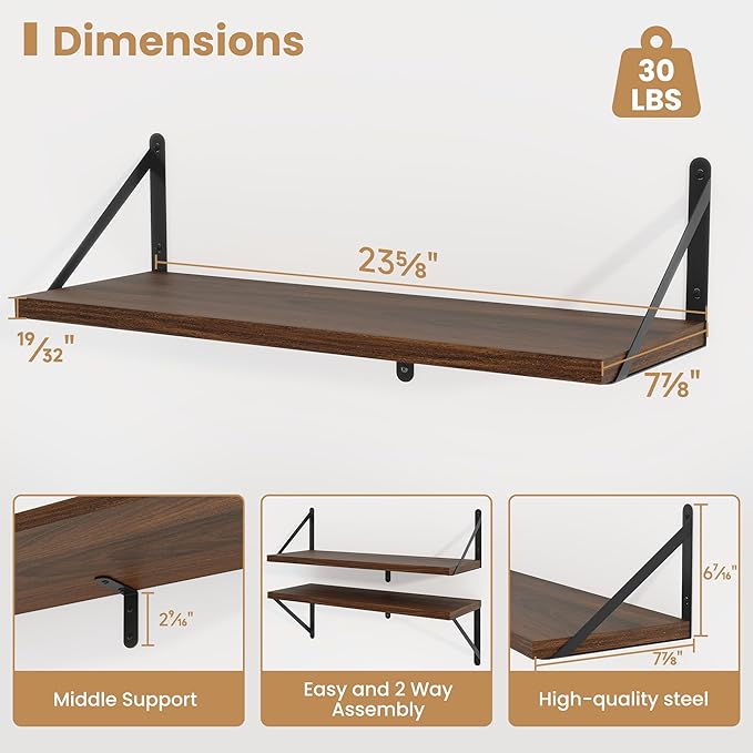 Heimlove Floating Shelves for Wall 24 Inches,8 Inches Deep Wall Bookshelf Mounted Display&Storage Wood Shelves for Kitchen Bathroom Laundry Living Room,Set of 3 (Walnut Color)-Ruum Studio Home