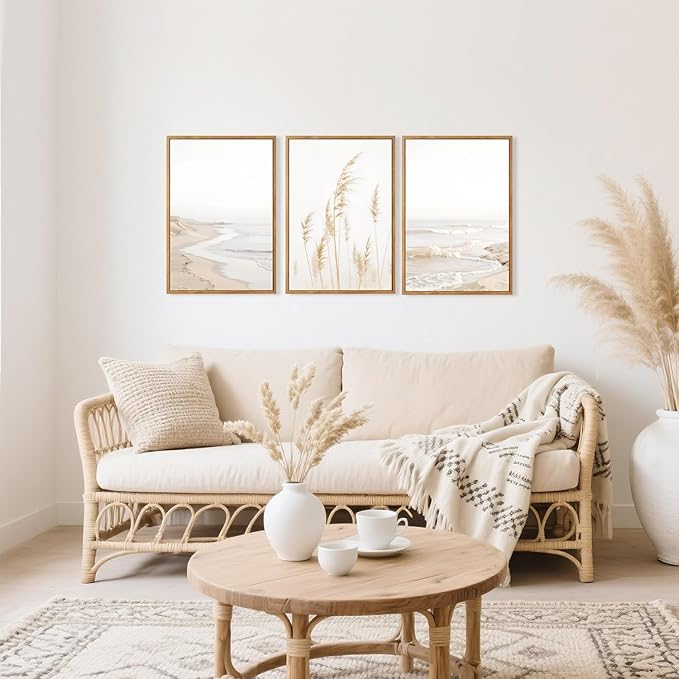 HPNIUB Modern Beach Artwork Seascape Wall Art, Seaside Framed Painting Reed Pathway Picture, Minimalist Neutral Coastal Landscape Wall Decor for Living Room,Bathroom -24'' x36'' x3-Ruum Studio Home