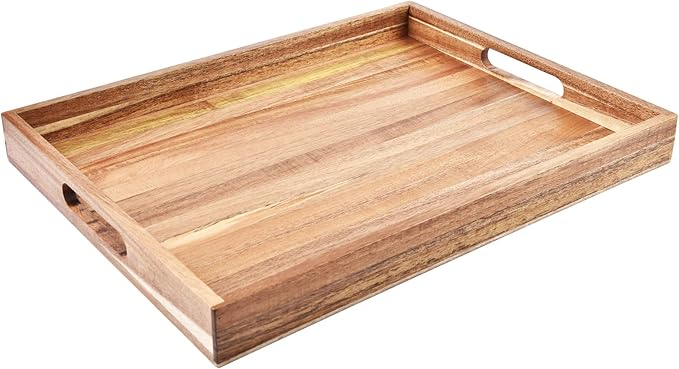 Acacia Wood Serving Tray with Handles (17 Inches) – Decorative Serving Trays Platter for Breakfast in Bed, Lunch, Dinner, Appetizers, Patio, Ottoman, Coffee Table, BBQ, Party –Great for Lap &Couch-Ruum Studio Home