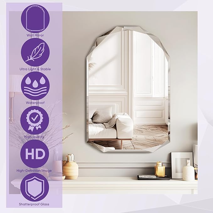 Bathroom Mirror for Wall, 30" x 48" Arched Mirror, Bathroom Vanity Mirror, Beveled Edge Frameless Wall Mount Vanity Mirrors, Wall Mirrors Decorative, Irregular Beveled Edge Mirror-Ruum Studio Home