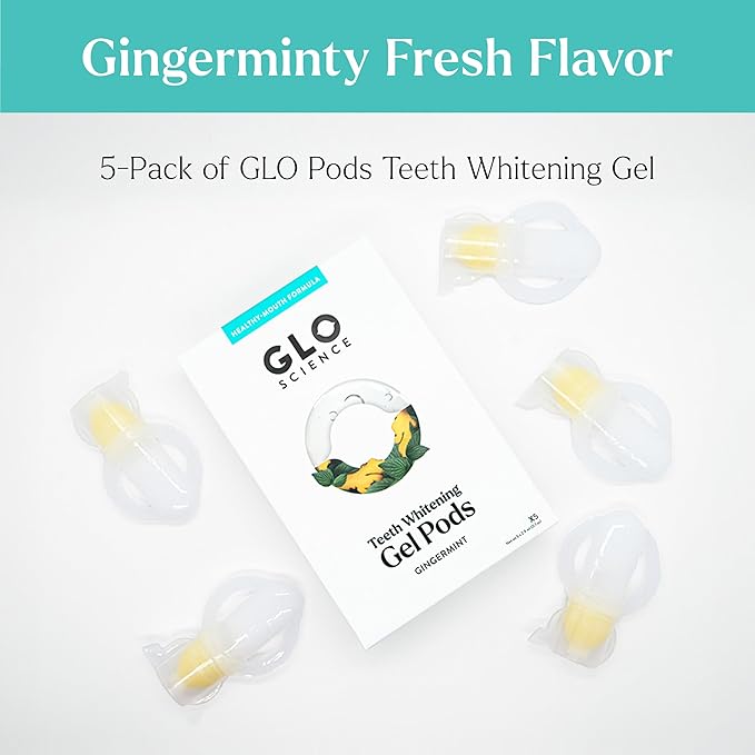 GLO Science Teeth Whitening Gel Pods – Safe, Effective Tooth Whitener with Silicon Brush, 6% Hydrogen Peroxide – Fastest Way to Whiter Teeth, Sensitivity Free – Gingermint Flavor (Pack of 5)-Ruum Studio Home