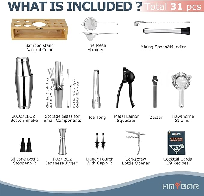HMYBAR® Mixology Bartender kit | Cocktail Shaker Set | Boston Shaker Set, 20/28 OZ | Martini Making Set for Home Bar.Total 31 pcs incl 39-Recipe Cocktail Cards. Silver Tools. Bamb Stand Natural Color-Ruum Studio Home