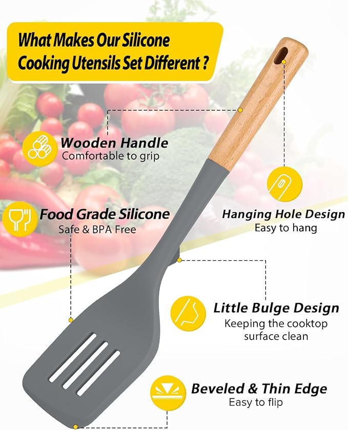 Silicone Kitchen Utensil Set for Non Stick Cookware, 7 Pcs Heat Resistant Cooking Utensils with Wooden Handle, BPA Free Kitchen Tools with Spatulas, Spoons, Skimmer and Pasta Fork (GRAY)-Ruum Studio Home