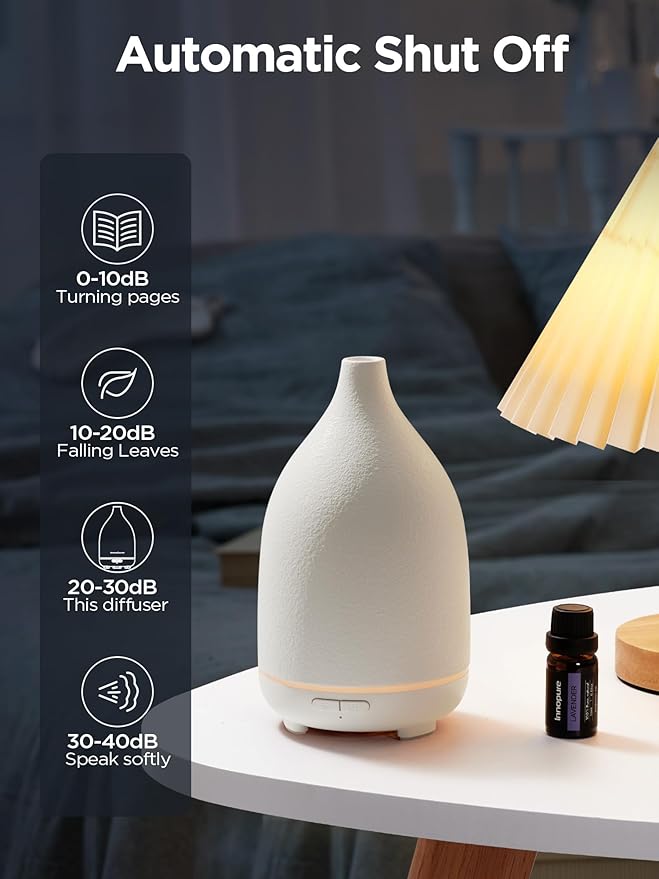 InnoGear Oil Diffuser, 150ML Ceramic Diffuser for Essential Oils Handcrafted Aromatherapy Diffuser Ultrasonic Cool Mist Humidifier with 2 Mist Modes Waterless Auto Off for Room Office, White Base-Ruum Studio Home