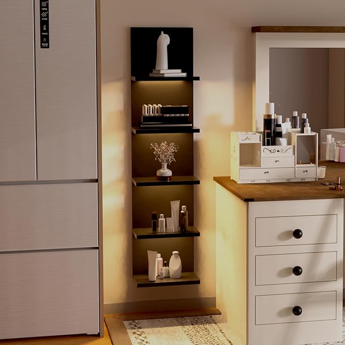 5 Tier Wall Shelf Unit, Black Modern Vertical Lack Wall Shelves with Light, Wall Mount, Floating Column Home Decor Shelves for Bedroom, Living Room, Vanity Storage Display-Ruum Studio Home