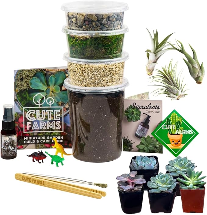 Cute Farms Terrarium Starter Kit | Moss, Vermiculite, Soil, Pebbles, Plant Food, & Finishing Tools (Large + 8 Live Plants)-Ruum Studio Home