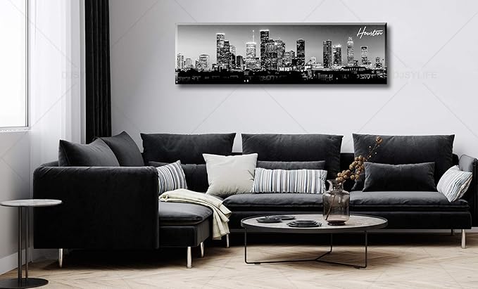 DJSYLIFE Houston Skyline Canvas Wall Art Decor Black & White City Pictures Painting Texas Cityscape Photo Print Artwork for Office Bedroom Living Room Walls Decoration Ready to Hang 13.8"x47.3"-Ruum Studio Home