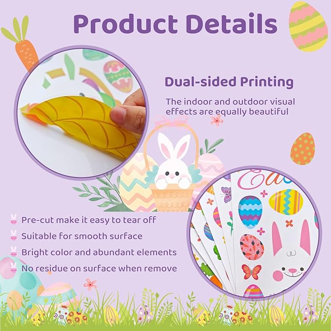 DC-BEAUTIFUL 184 PCS Easter Window Clings, 9 Sheets Double Sided Bunny Egg Easter Decoration Window Stickers, Reusable Static Holiday Window Decals for Home Office School Shop Spring Party Decors-Ruum Studio Home