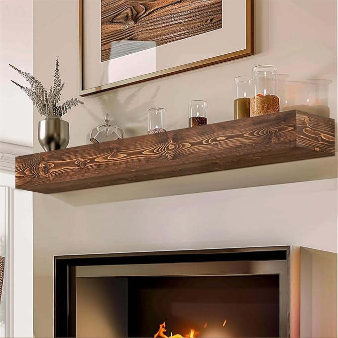 56x8x5 Fireplace Mantel - Handcrafted Hollow Rustic Solid Wood Wall Mounted Floating Shelf with Invisible Heavy Duty Wood Bracket (Weathered Brown)-Ruum Studio Home