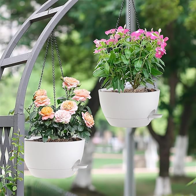 12 Inch Hanging Baskets 2 PC with Chains, Self-Watering Hanging Planters for Indoor Outdoor Plants, Plastic Hanging Flower Pots,White-Ruum Studio Home
