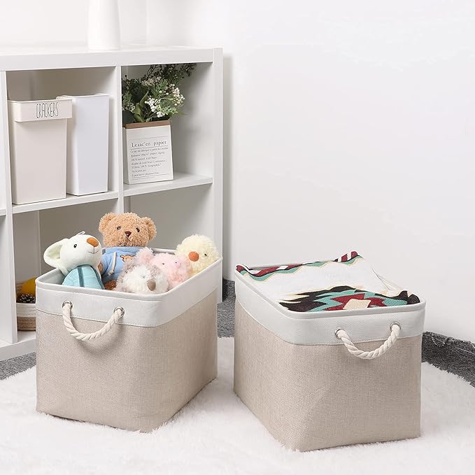 Bidtakay Beige Storage Basket Large Fabric Cloth Baskets [2-Pack] Tall Rectangular Shelf Baskets 16X11.8X11.8 in Canvas Collapsible Storage Bins with Handles for Organizing Living Room(White&Beige)-Ruum Studio Home