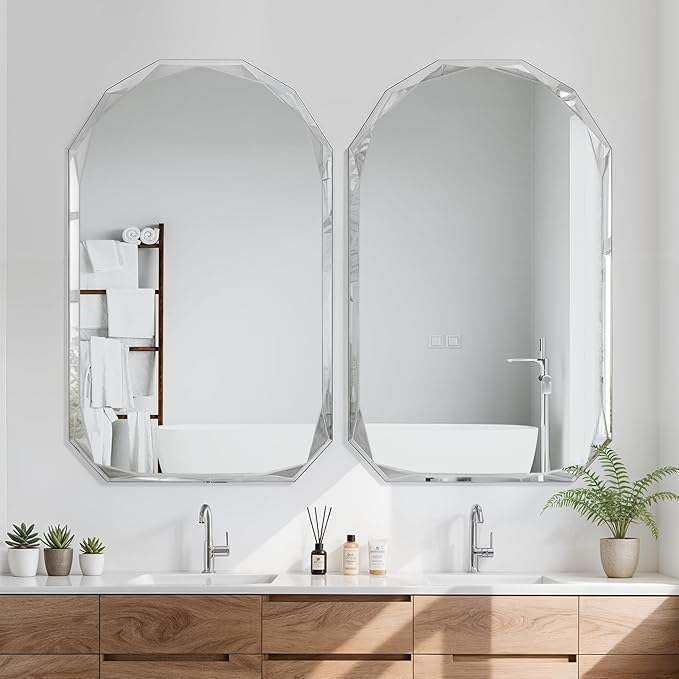 Bathroom Mirror for Wall, 30" x 48" Arched Mirror, Bathroom Vanity Mirror, Beveled Edge Frameless Wall Mount Vanity Mirrors, Wall Mirrors Decorative, Irregular Beveled Edge Mirror-Ruum Studio Home