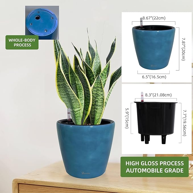 Dexceder 9x8 Inches Self Watering Planter Indoor Outdoor, Inner Pot Design, Thickened Table Flower Plant Pot with Water Level Indicator (Peacock Blue Gradient)-Ruum Studio Home