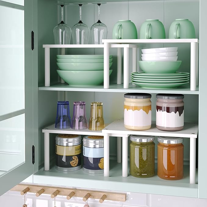 Cabinet Organizer Shelf(Set of 2),Kitchen Counter Shelves,Bamboo Spice Rack Countertop and Cabinet,Stackable Expandable,Medium,(White)-Ruum Studio Home