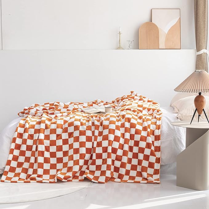 LOMAO Throw Blankets Flannel Blanket with Checkerboard Grid Pattern Soft Throw Blanket for Couch, Bed, Sofa Luxurious Warm and Cozy for All Seasons (Orange, 50"x60")-Ruum Studio Home