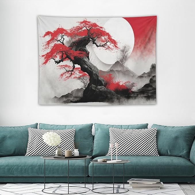 Cherry Blossoms Tapestry, Japanese Red Landscape Asian Abstract Art, Bedroom Living Room Decor 40"x30"-Ruum Studio Home