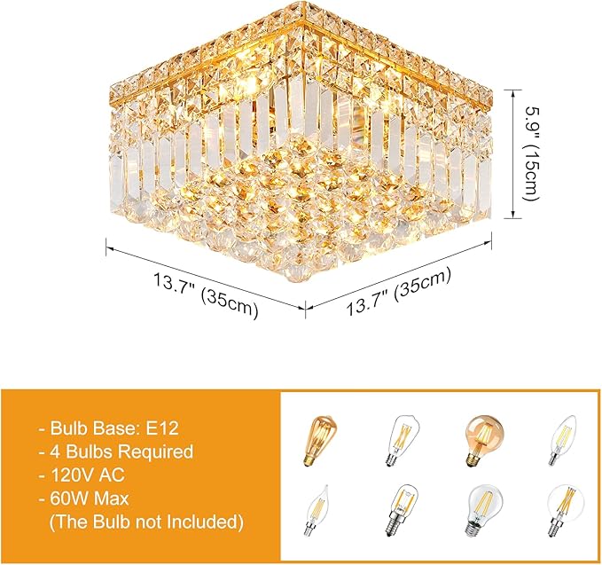 4-Light Gold Crystal Chandeliers Flush Mount Chandelier Light Fixture with K9 Crystals Modern Ceiling Lights Elegant Square Lamp for Bedroom,Hallway,Bar,Living Room,Dining Room,H5.9 xW13.7-Ruum Studio Home