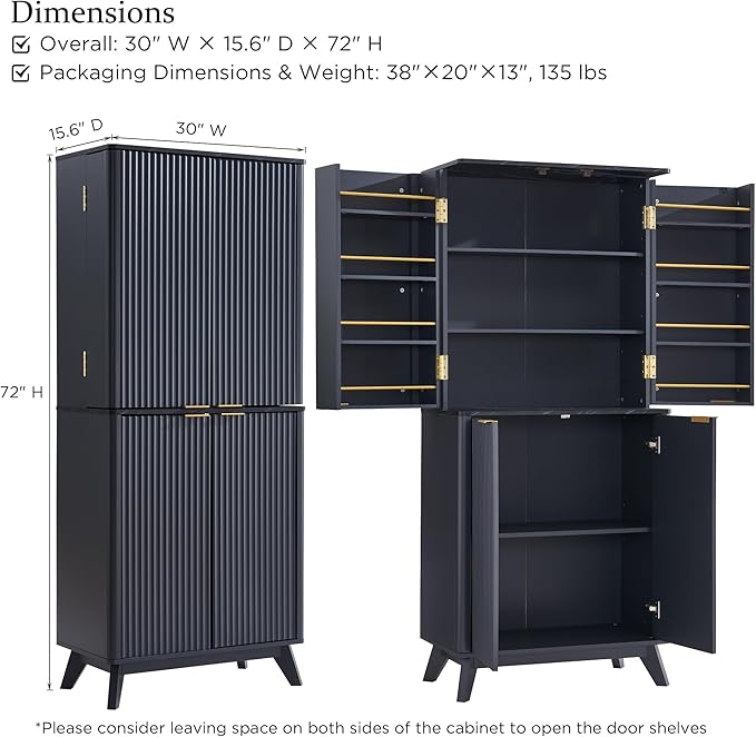 OKD Fluted Kitchen Pantry, 72" Tall Mid Century Modern Storage Cabinet with Adjustable Shelves & Door Organizer, Wood Cabinet for Kitchen, Living Room, Dark Grey-Ruum Studio Home