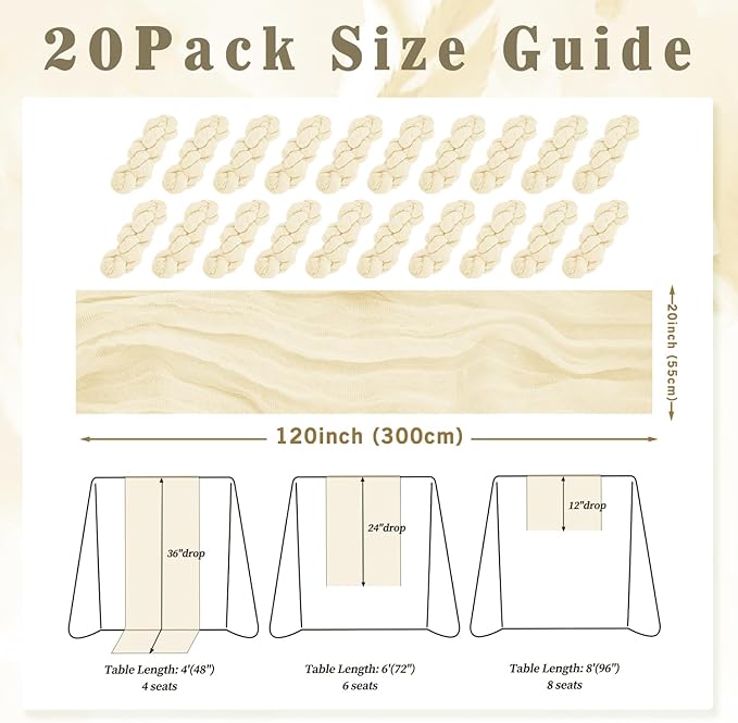 10FT 20 Pack Beige Cheesecloth Table Runner 20 x 120 Inch Long Rustic Gauze Fabric Cheese Cloth Table Runner for Wedding Bridal Baby Shower Table Decorations Boho Sheer Birthday Party Table Decor-Ruum Studio Home