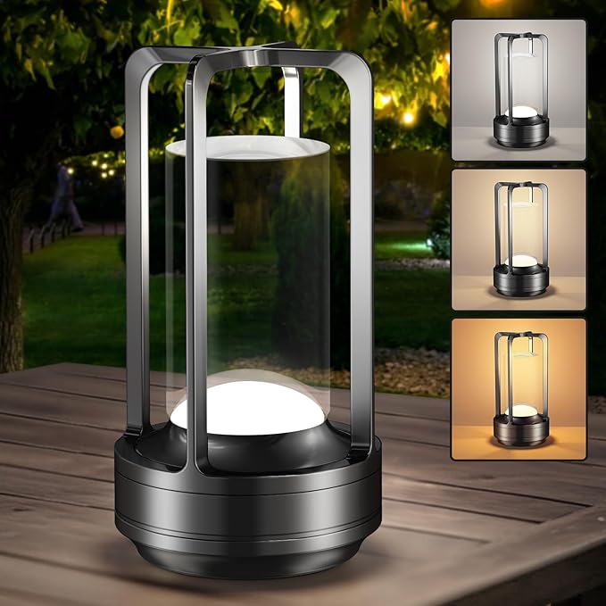 Portable Table Lamp for Outdoor Indoor: Cordless Rechargeable Desk Lamp with 3 Color Stepless Dimmable - Metal Battery Operated Small Lantern Light for Restaurant/Bedroom/Bar/Coffee Shop/Camping-Ruum Studio Home