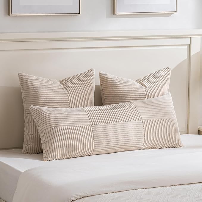Fancy Homi 2 Packs Tan Euro Decorative Throw Pillow Covers 26x26 Inch for Living Room Couch Bed, Farmhouse Boho Home Decor, Soft Corss Corduroy Patchwork Textured Square Beige Cushion Case 66x66 cm-Ruum Studio Home