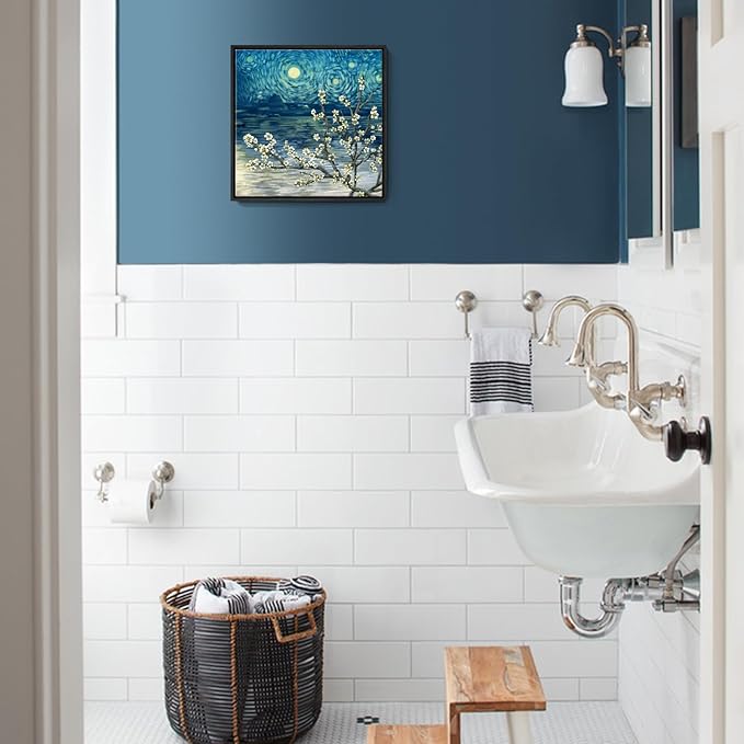 Framed Wall Art Bathroom Décor Modern Floral Tree Canvas Picture Plum Blossom Starry Night Flower Canvas Print Abstract Lake Blue Teal Yellow Painting for Modern Living Room Bedroom Office Décor Small-Ruum Studio Home