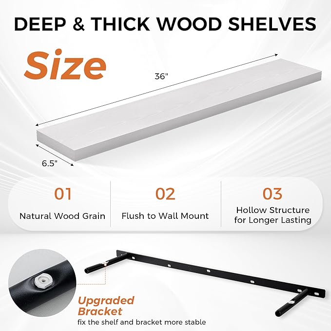 Fun Memories 36Inch Floating Shelves for Wall 2 Pack Wood Shelves for Kitchen, Bathroom, Bedroom Wall Mounted Rustic Wood Floating Shelf with Invisible Brackets for Books, Storage, Decor, White-Ruum Studio Home