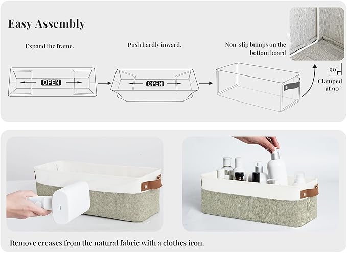 StorageWorks Narrow Storage Bins, Small Basket for Closet and Shelves, Fabric Organizer with Handles, Toilet Paper Storage, Green and White, 2-Pack-Ruum Studio Home