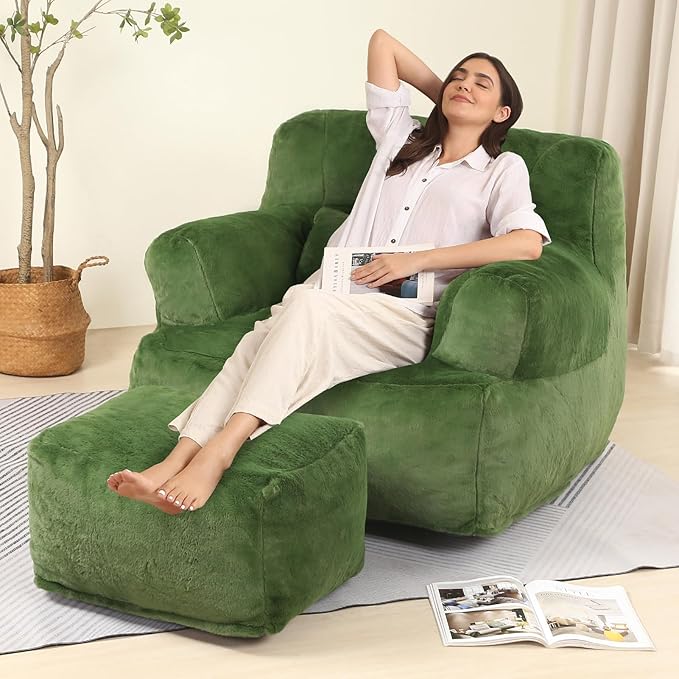 Comfy Gaint Bean Bag Chair with Ottoman, Huge Bean Bag Armchair for Adults and Teens, Green-Ruum Studio Home