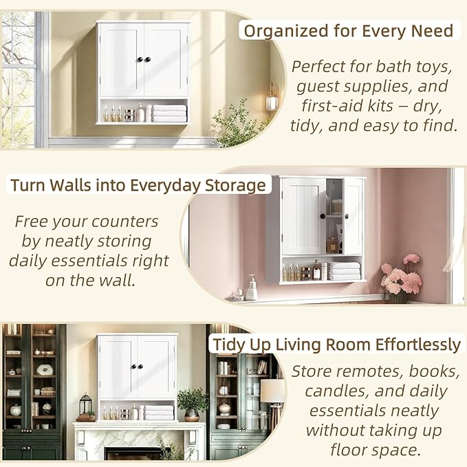 White Bathroom Cabinet Wall-Mounted, Storage Cabinets with Adjustable Shelves, Space-Saving Organizer with 2 Doors for Bathroom, Laundry, Kitchen - Moisture Resistant & Easy Install-Ruum Studio Home