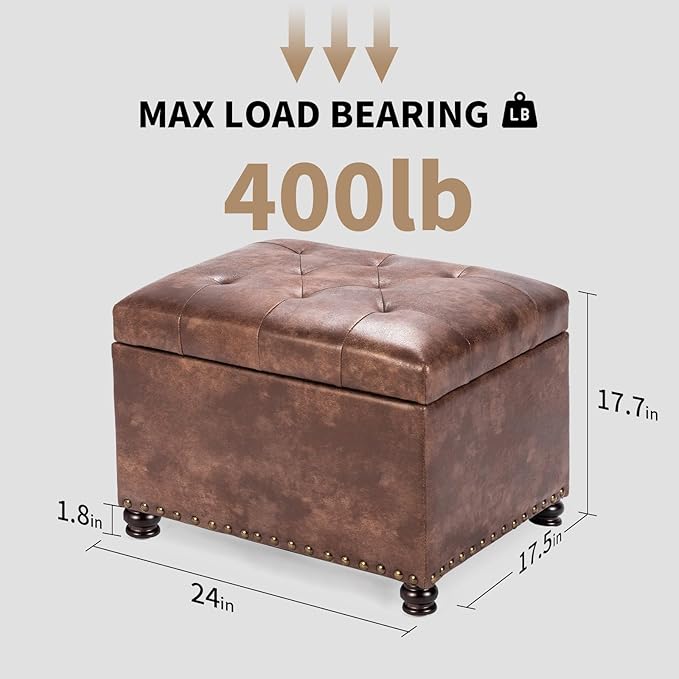 Joveco Leather Storage Ottoman, 24" Rectangle Tufted Square Upholstered Bench, Foot Rest Stool with Wood Legs, Footstool for Living Room Bedroom, Coffee-Ruum Studio Home