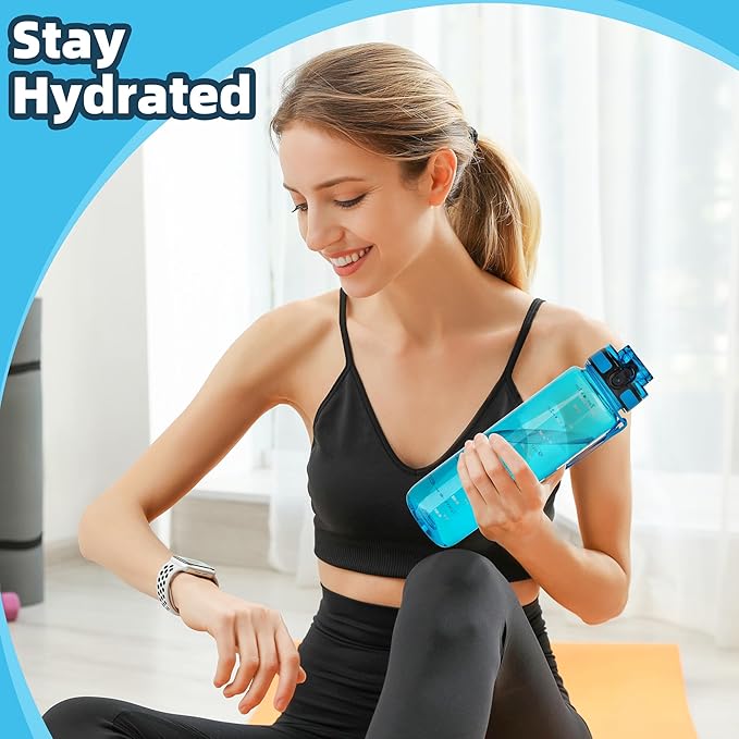 OLDLEY 32 oz Water Bottle, Motivational Water Bottle with Time Marker, Sports Water Bottle With Strap, Leakproof & BPA Free Large Water Bottles for School,Gym,Outdoor, Tritan, Transparent-Blue-Ruum Studio Home