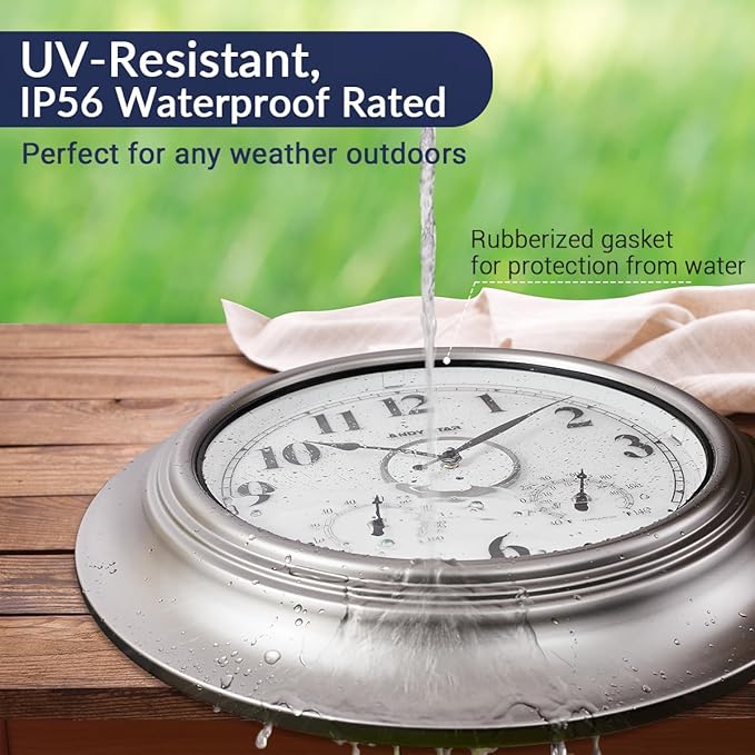 Andy Star 21 Inch Silver Illuminated Outdoor Wall Clock Waterproof with Thermometer and Hygrometer, Oversized Battery Operated Round Wall Clock, Big Silent Non Ticking Clock for Patio Pool Garden-Ruum Studio Home