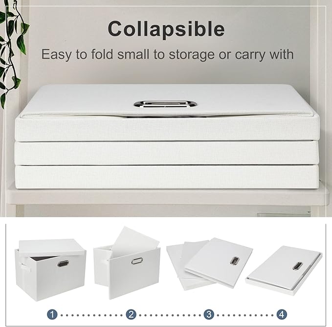 Large 17" 36 Quart Collapsible Stackable Storage Bins with Lids, 1 Pack White Foldable Fabric Closet Storage Boxes with Lids, 4 Handles Heavy-duty Linen Cube Baskets for Bedroom-Ruum Studio Home