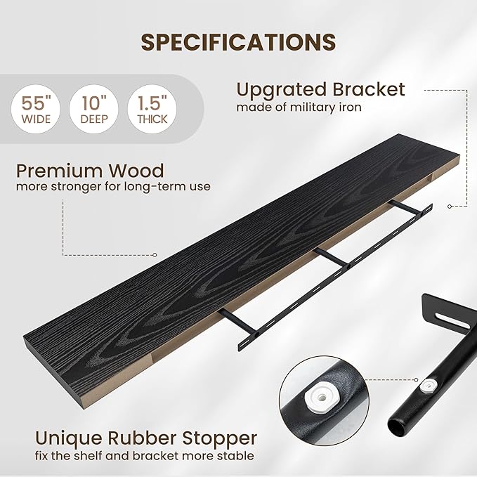 Fun Memories 55 Inch Fireplace Mentel Shelf, 10 Inch Deep Shelves for Display & Wall Storage, Rustic Wood Wall Shelf, Extra Long Floating Shelves for Living Room Laundry Room, Black, Set of 1-Ruum Studio Home
