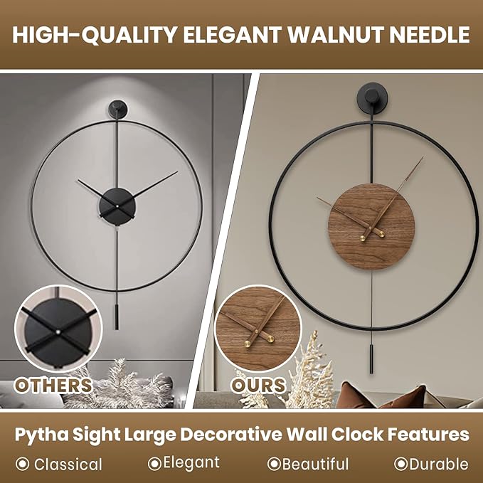 Large Modern Wall Clock,Wall Clocks for Living Room Decor,Classical Silent Metal Minimalist Walnut Dial,Big Decorative Farmhouse Pendulum Wall Clock With Walnut Pointers for Office,Dining Room-Ruum Studio Home