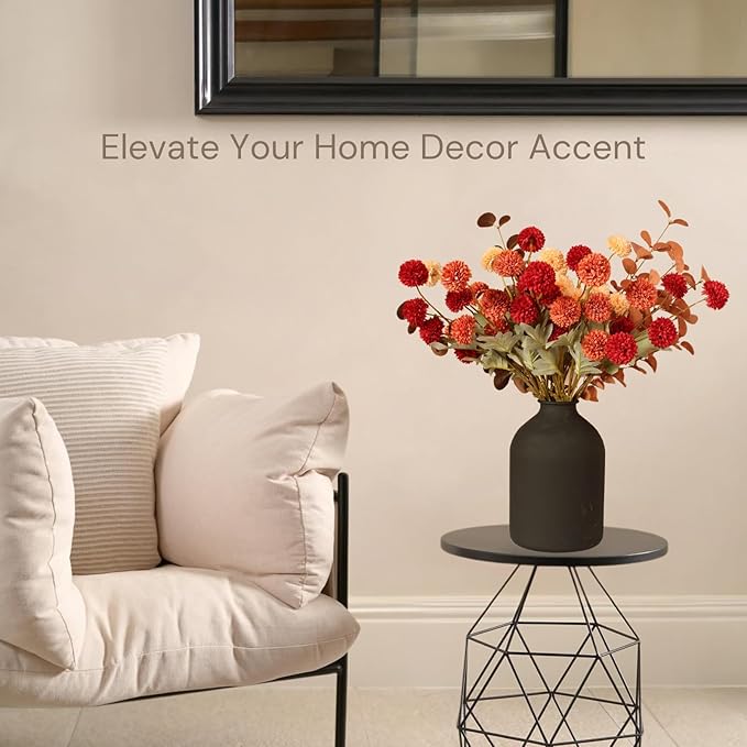 Fall Flowers, Burnt Orange Faux Kiku Flowers Artificial 10 Stems + Eucalyptus, Fake Silk Mums Fall Floral Centerpiece, Autumn Decor, Terracotta Mini Balls Faux Stems For Vase, Decoración de Otoño-Ruum Studio Home