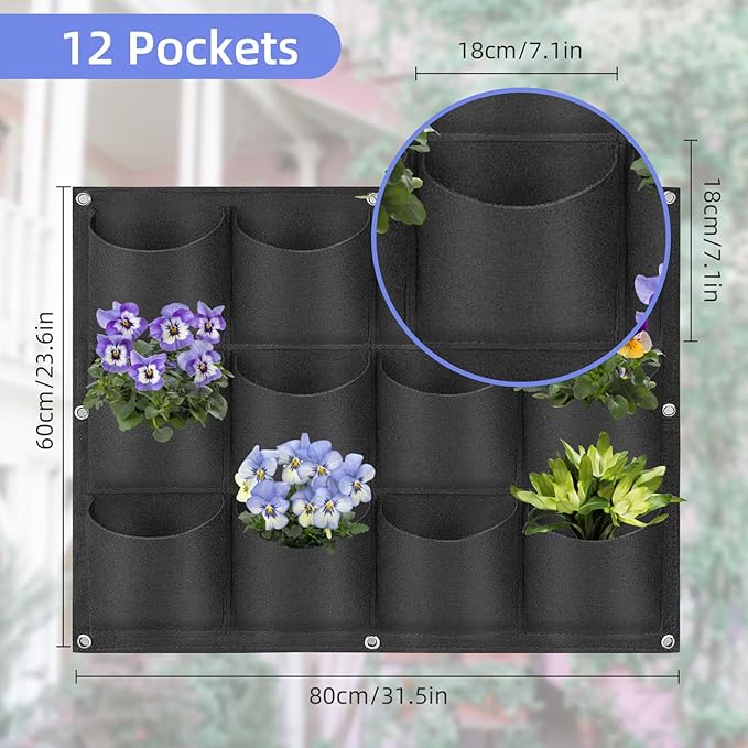 12 Pockets Hanging Planter Bags, Hanging Vertical Wall Mounted Plant Planting Grow Bags, Herb Garden Planter Outdoor Indoor Growing Bag, Gardening Vertical Greening Flower Container(0.6m×0.8m, Black)-Ruum Studio Home