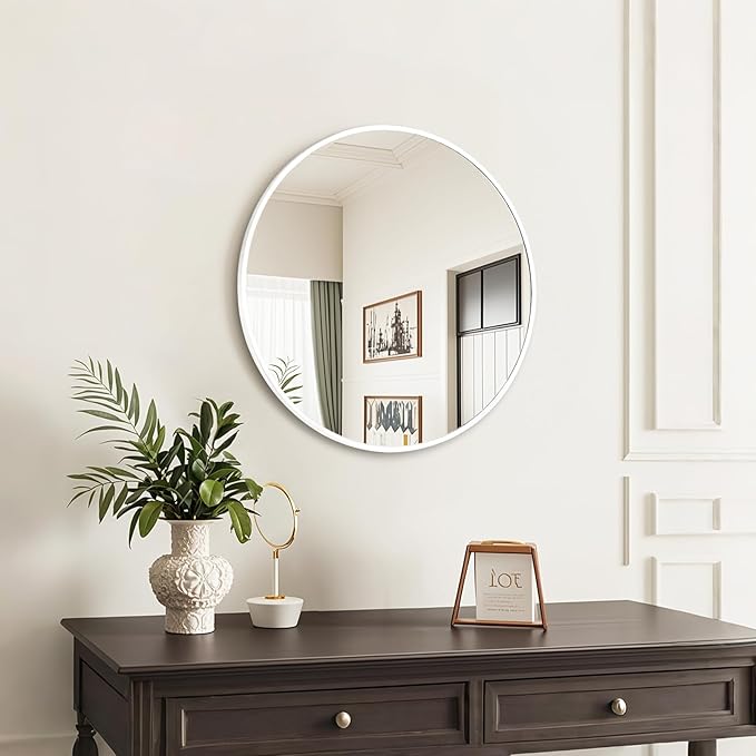 Fabuday White Circle Mirror for Wall 24 inch - Round Mirror for Bathroom, Entryway, Living Room, Hallway, Vanity Decor, Big Matte Metal Frame Mirrors-Ruum Studio Home