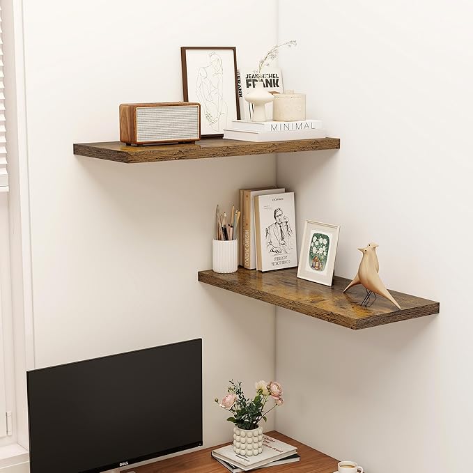 32" Floating Shelves for Wall, 12" Deep Slim Rustic Brown Floating Shelves, Wall-Mounted Shelves for Bedroom, Living Room, Kitchen, Bathroom - Set of 2-Ruum Studio Home