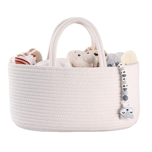 Baby Diaper Caddy Organizer for Girl Boy Cotton Rope Nursery Storage Bin Basket Portable Holder Tote Bag for Changing Table Car Travel Baby Shower Gifts Newborn Essentials Registry Must Haves White-Ruum Studio Home